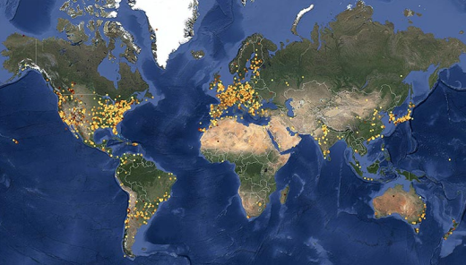 Rozmieszczenie pomiarów w 2013 r. na tle mapy świata