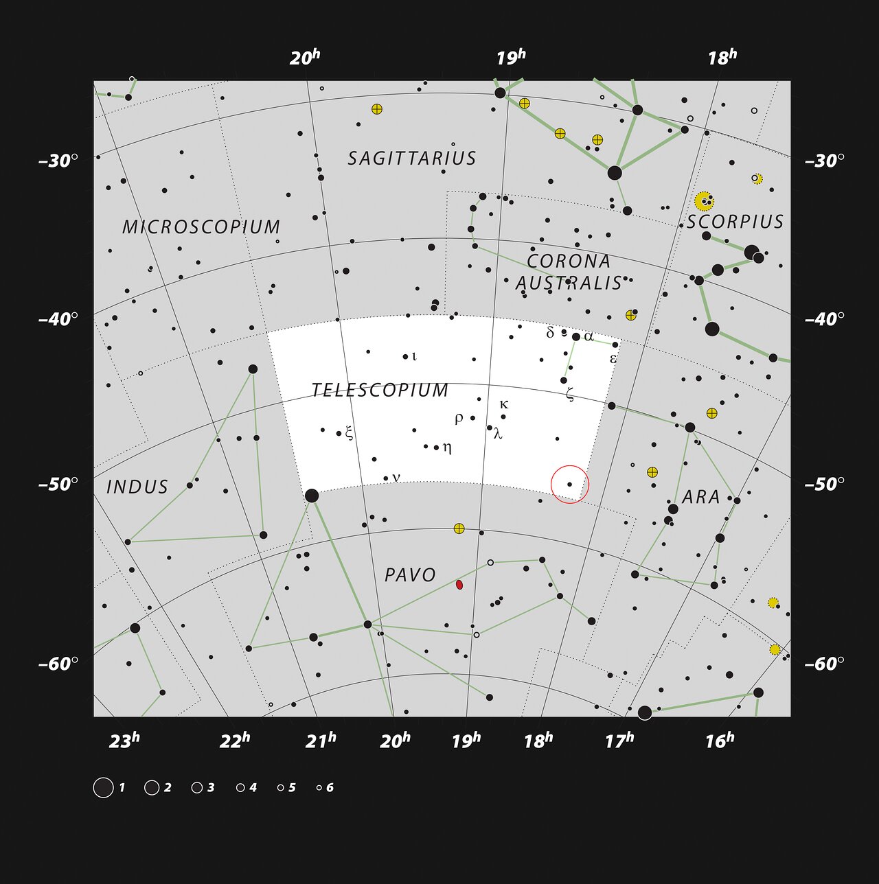 Mapa z położeniem układu HR 6819 w gwiazdozbiorze Teleskopu