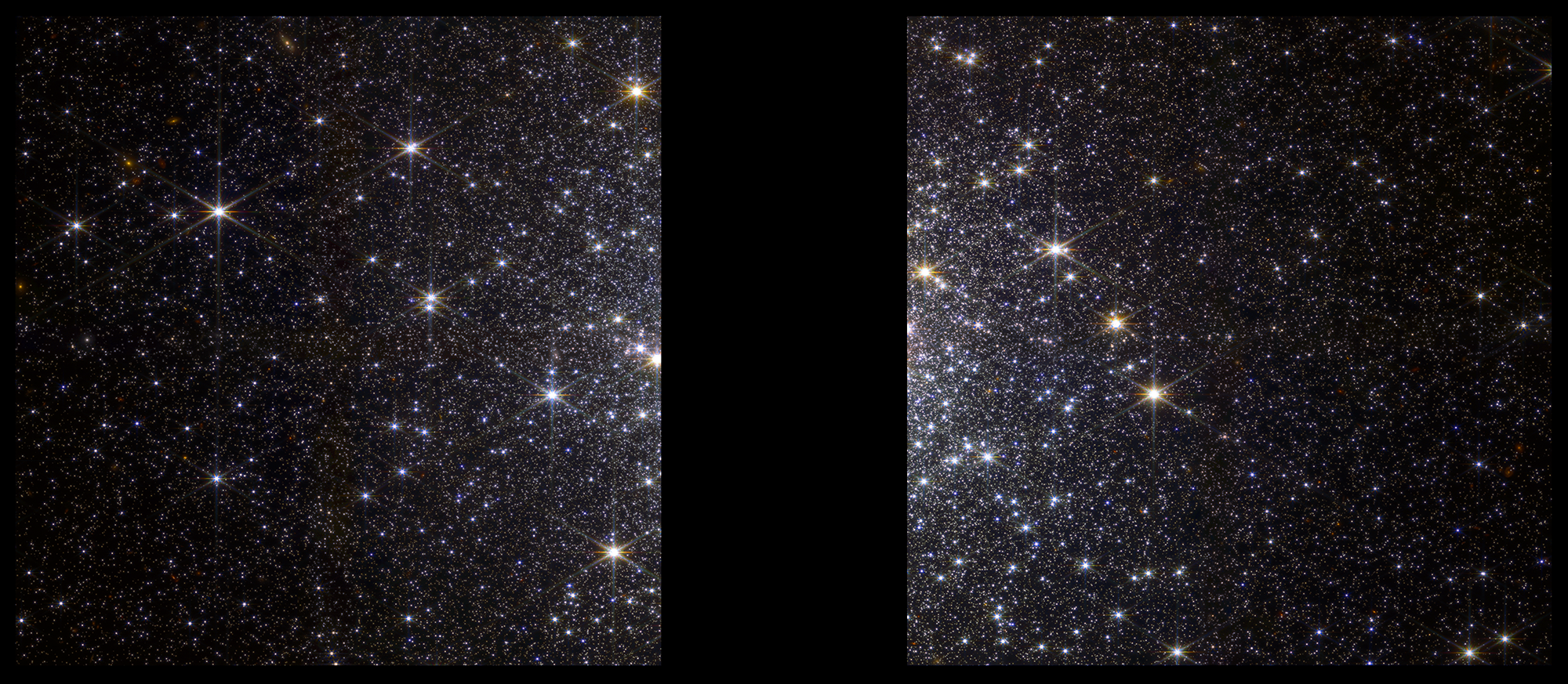 Na ilustracji: Obraz gromady kulistej Messier 92 (M92) o przekątnej 5’ (~39 l.św.) uchwycony w Teleskopie Webba przez kamerę NIRCam w bliskiej podczerwieni. Czarny pas w centrum zdjęcia jest „przerwą techniczną” pomijającą samo centrum M92, które jest zbyt jasne, aby jednocześnie było możliwe sfotografowanie z zewnętrznymi obszarami tej gromady. Jest to obraz złożony z naświetlań w czterech następujących filtrach o średnich długościach fali 0,9μm (pokazany jako kolor niebieski), 1,5μm (kolor niebieskozielony), 2,77μm (kolor żółty) i 4,44μm (kolor czerwony). Źródło: NASA, ESA, CSA, A. Pagan (STScI)