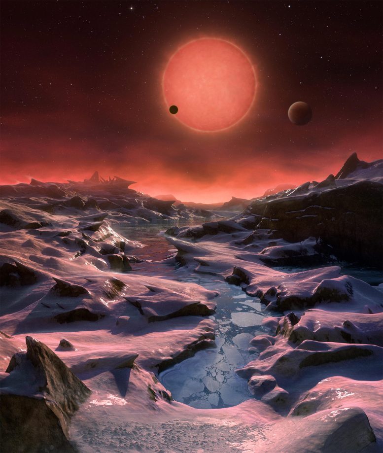 Wizja artystyczna widoku z powierzchni egzoplanety TRAPPIST-1