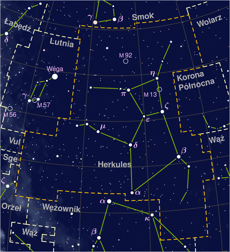 Na ilustracji: Gwiazdozbiór Herkulesa z zaznaczoną pozycją gromady kulistej Messier 92 (M92 / NGC 6341) o jasności obserwowanej około 6,4 mag i rozmiarach kątowych około 14’. Źródło: Wikipedia