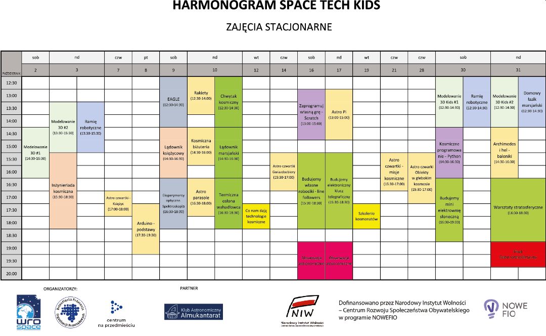 Harmonogram Space Tech Kids - zajęcia stacjonarne