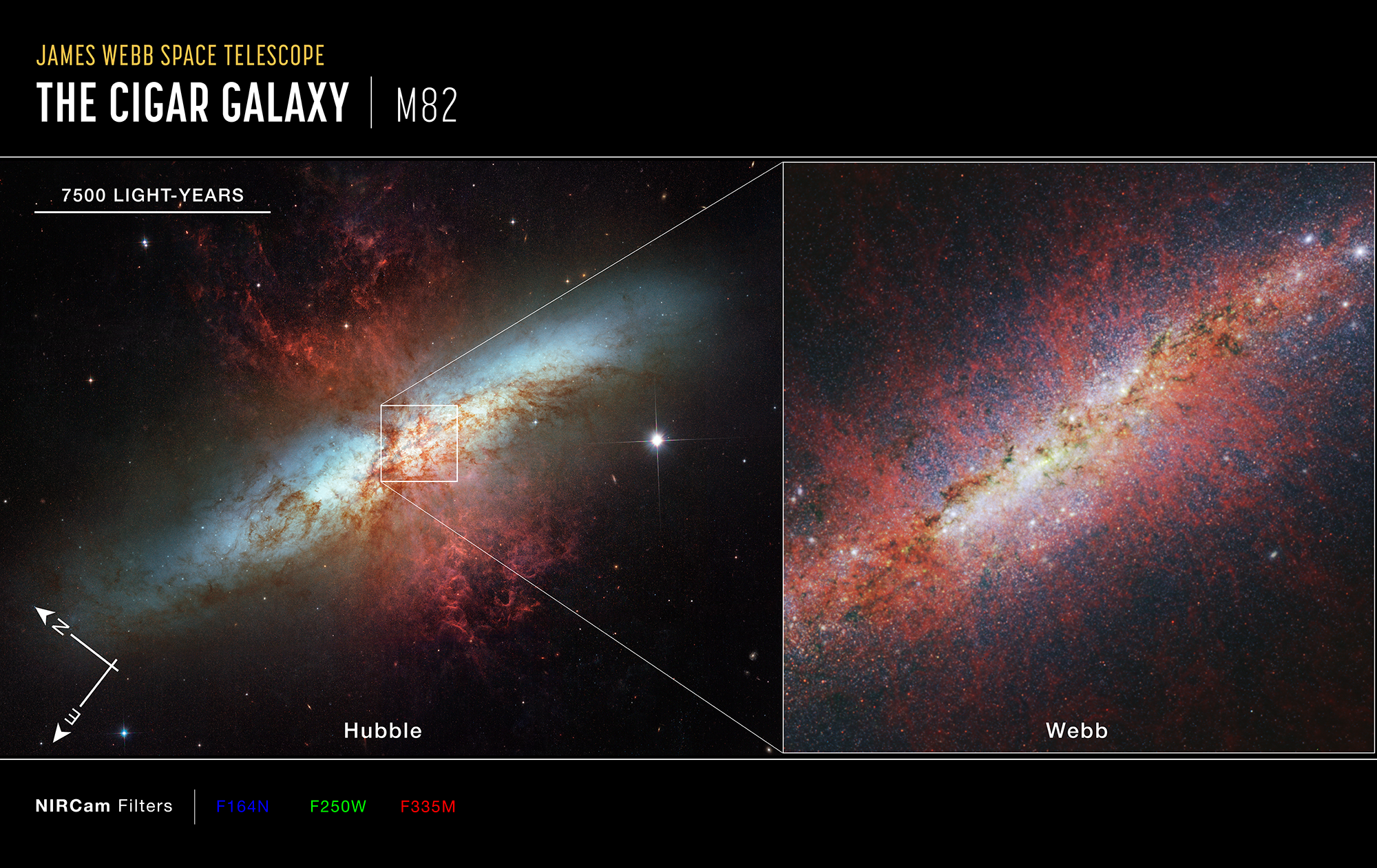 Na ilustracji: galaktyka M82 (Galaktyka Cygaro) sfotografowana w 2006 roku przez Teleskop Hubble’a (po lewej). W białym prostokącie zaznaczono obszar centralny tej galaktyki zarejestrowany przez kamerę NIRCam znajdującą się na pokładzie Kosmicznego Teleskopu Jamesa Webba. Czerwone włókna widoczne na zdjęciu z Teleskopu Webba są emisjami wielopierścieniowych węglowodorów aromatycznych (PAH), które rozkładają się wzdłuż kierunku wiatru galaktycznego M82. Na zdjęciu z Teleskopu Hubble’a kolory czerwony/czerwono-pomarańczowy/zielony/niebieski reprezentują odpowiednio długości fali λλ=0,814/0,658/0,555/0,435 μm, zaś na zdjęciu z Teleskopu Webba czerwony/zielony/niebieski odpowiadają λλ=3,35/2,50/1,64 μm. Źródło: NASA, ESA, CSA, STScI, A. Bolatto (University of Maryland)