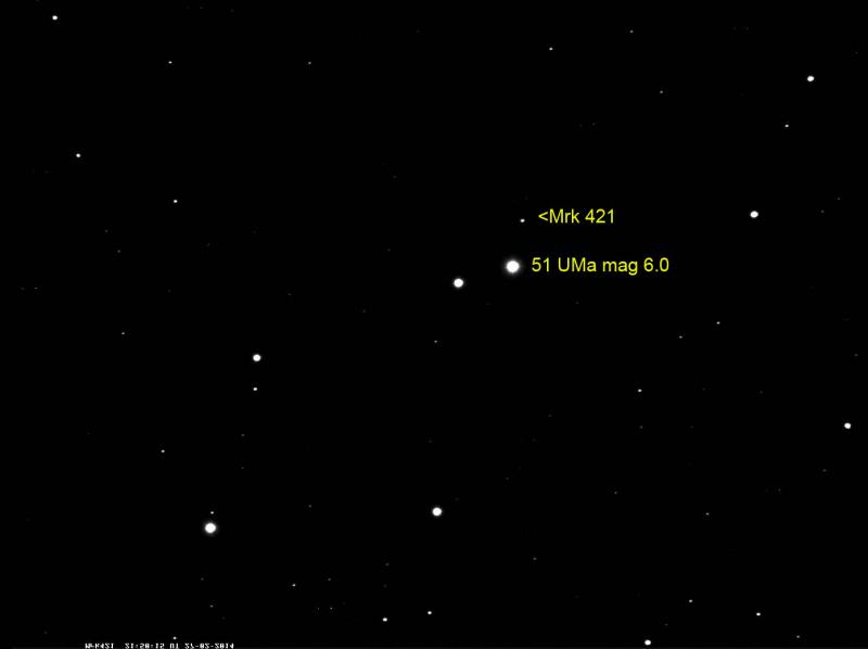 Zdjęcie blazara Markarian 421 autorstwa Nicka Hewitta z 2014 27 lutego – refraktor 115mm TMB i SXV-H9 CCD