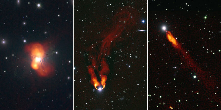 tryptyk przedstawiający galaktyki NGC 1275 (po lewej), NGC 1265 (w środku) i IC 310 (po prawej). Źródło: M. Gendron-Marsolais et al./S. Dagnello (NRAO/AUI/NSF)/Sloan Digital Sky Survey
