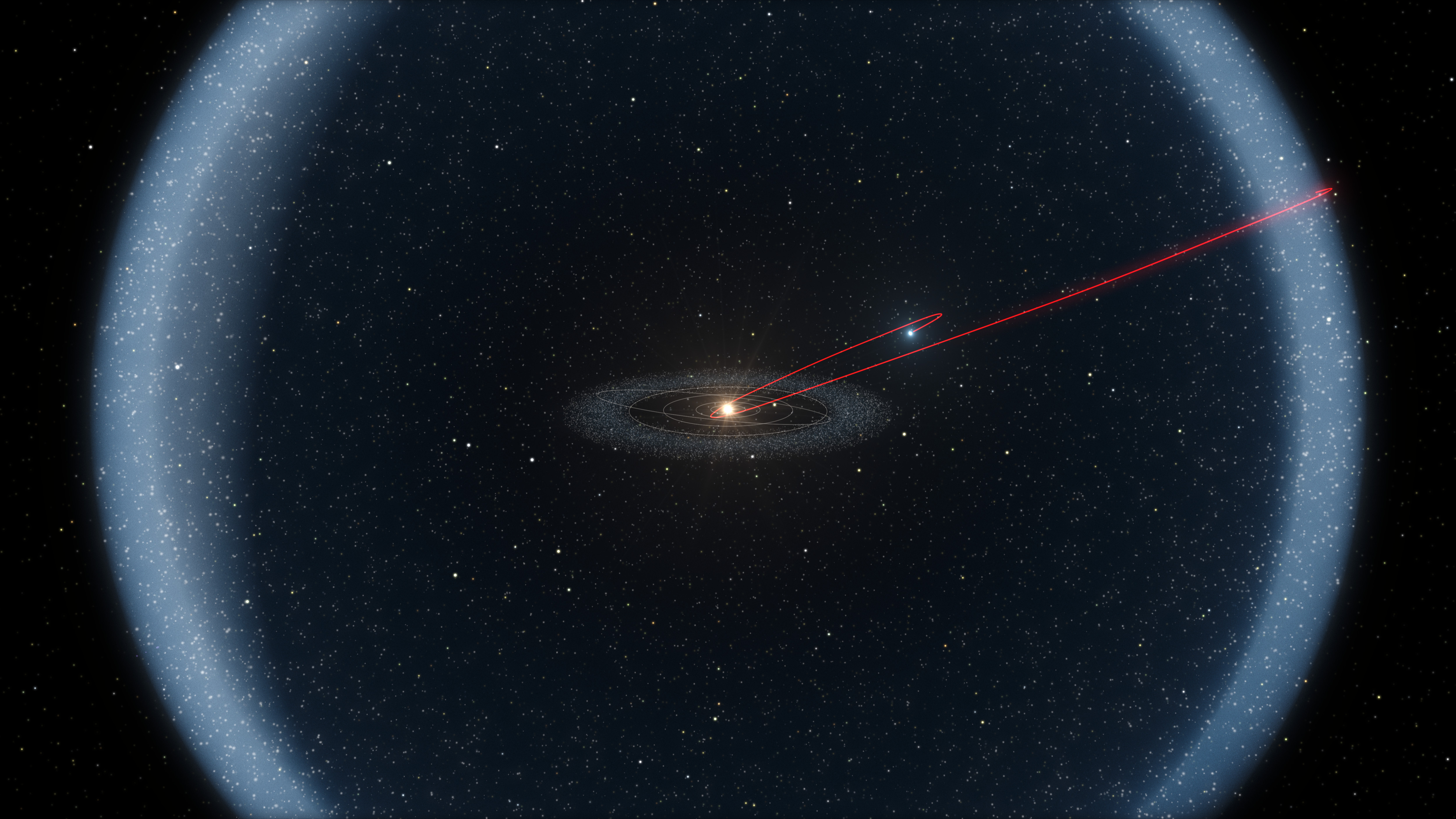 Na ilustracji: Wizja artystyczna Obłoku Oorta (~2000–100000 j.a.) – ogromnego rezerwuaru lodowych obiektów znajdujących się w zewnętrznym obszarze Układu Słonecznego. W dzisiejszych czasach w pobliże Słońca niejednokrotnie trafiają obiekty takie jak np. kometa, której orbitę oznaczono czerwoną linią. Ale gdy będzie mijała ten obłok obca gwiazda, to należy oczekiwać wielkiej liczby wizyt w pobliżu Ziemi ciał niebieskich wyrzuconych z tego obszaru. Źródło: ESO/L. Calçada