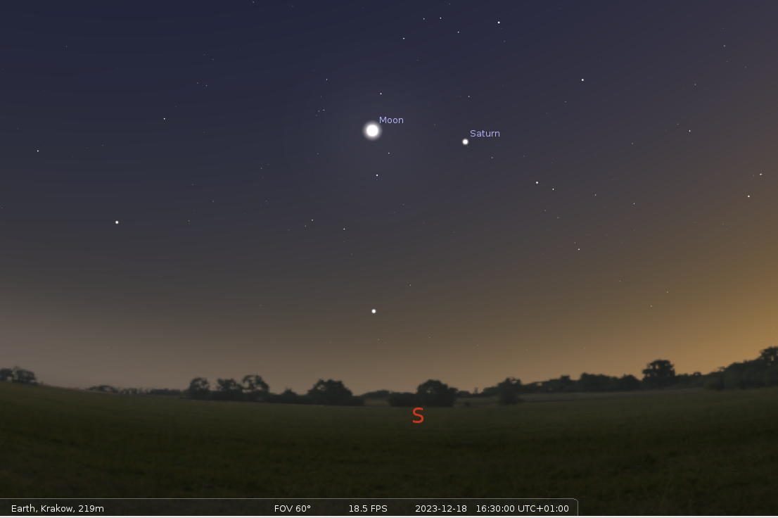 Na ilustracji: Wygląd wieczornego nieba (godzina 16:30) nad Krakowem, dziś, 18 grudnia 2023 roku. Mapka: Stellarium.org.