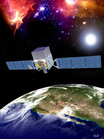 Wizualizacja satelity Fermi Gamma-ray Space Telescope na orbicie Ziemi. Źródło: Fermi