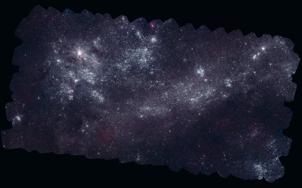 Mozaika 2.200 zdjęć wykonanych przez satelitę Swift w zakresie UV złożona w jeden obraz przedstawiający Wielki Obłok Magellana. Źródło: NASA/Swift/S. Immler (Goddard) and M. Siegel (Penn State)