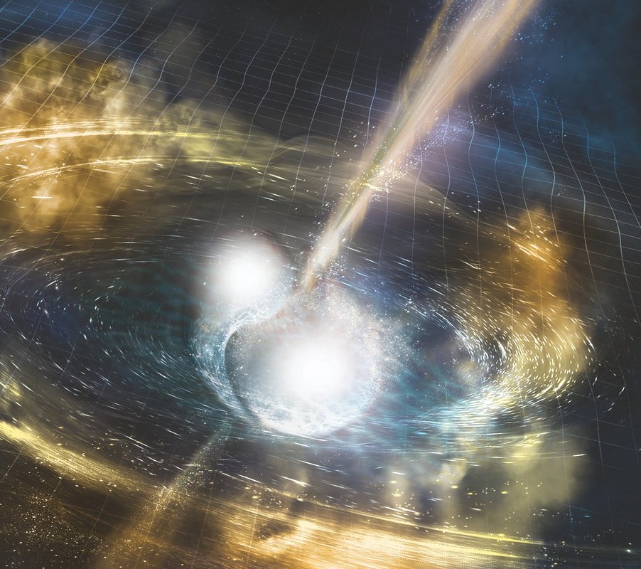 Wizja artystyczna przedstawiająca łączenie się układu podwójnego gwiazd neutronowych.