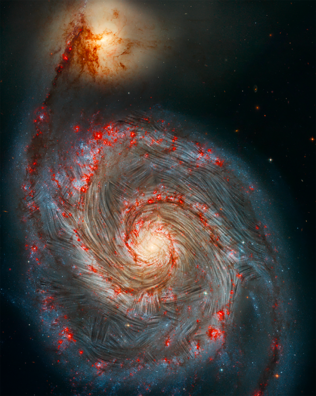 Linie przepływu pola magnetycznego wykrytego za pomocą SOFIA pokazane na obrazie galaktyki Wir (M51)