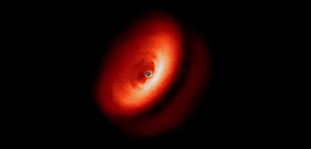Obraz z VLT pokazujący pyłowy dysk otaczający młodą gwiazdę MI Lupi.