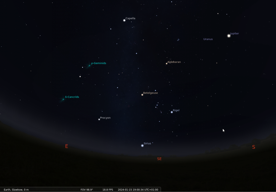 Styczniowe, południowe niebo w połowie miesiąca, o godzinie 19, ponad Małopolską. Widoczny jest m.in. gwiazdozbiór Oriona. (Stellarium.org)