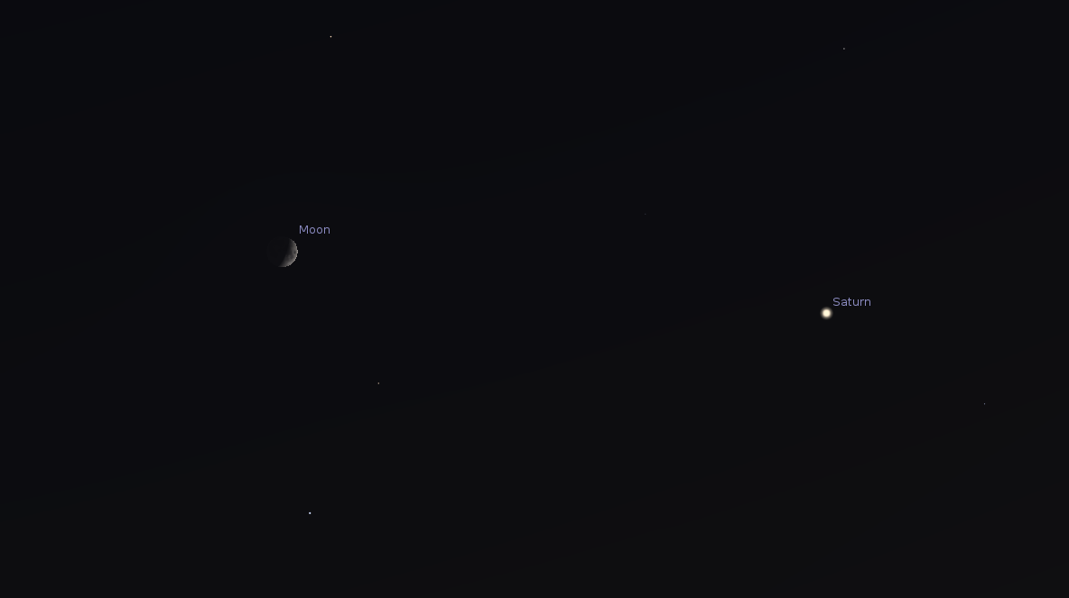 Na ilustracji: Wygląd wieczornego nieba (godzina 16:30) nad Krakowem 18 grudnia 2023 roku. Sierpowi Księżyca towarzyszy planeta Satuen. Mapka: Stellarium.org.