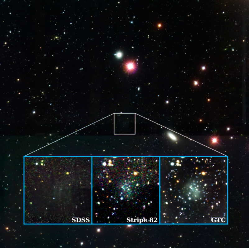 Obraz galaktyki Nube z trzech różnych teleskopów.