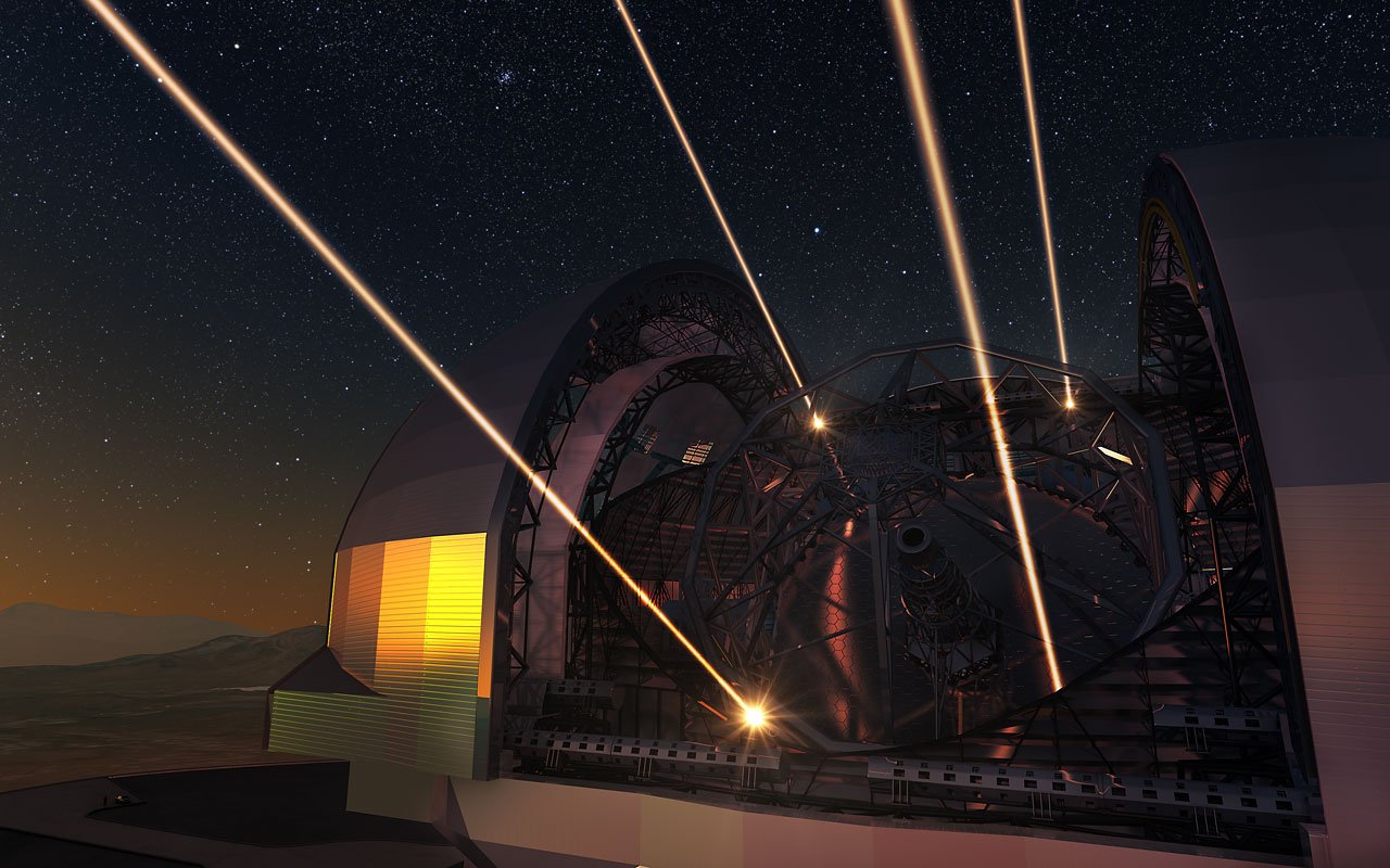Teleskop E-ELT z optyką adaptywną i laserowymi gwiazdami porównania (wizja artysty)