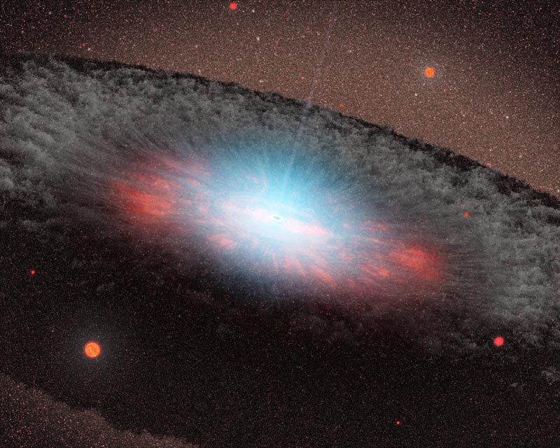 Wizja artystyczna przedstawiająca supermasywną czarną dziurę w centrum galaktyki. Źródło: NASA/JPL-Caltech