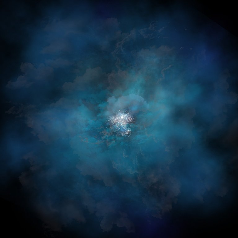 Wizja artystyczna przedstawiająca gazowe halo otaczające galaktykę, oświetlone wąskim pasmem światła UV zwanego emisją Lyman-alfa