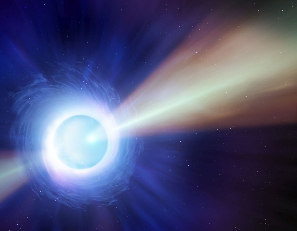 Wizja artystyczna dżetu materii pochodzącej z pierwszej potwierdzonej kolizji gwiazd neutronowych