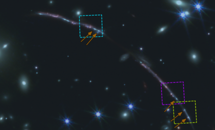 Kolorowy obraz dwóch fragmentów (północny + północno-zachodni) soczewkowanej galaktyki Błysk Słońca uzyskany za pomocą Teleskopu Webba i kamery NIRCam. Strzałki wskazują pięć kopii rodzącej się gwiazdowej gromady kulistej, czyli proto-gromady kulistej (ang. proto-globular cluster), w której zaobserwowano linie widmowe charakterystyczne dla gwiazd Wolfa Rayeta. Źródło: arXiv:2404.08884 [astro-ph.GA]