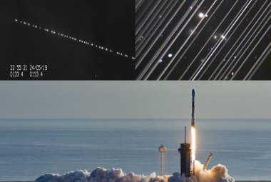 Satelity Starlink - ślady na niebie oraz rakieta je wynosząca