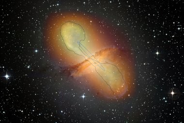 Złożony obraz Centaurus A, pokazujący strumienie (dżety) wyłaniające się z galaktycznej centralnej czarnej dziury wraz z powiązanym promieniowaniem gamma.