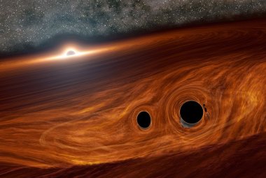 Wizja artystyczna supermasywnej czarnej dziury J1249+3449 (... w oddali) o masie rzędu 100 mln Mʘ otoczonej przez dysk akrecyjny. Na skraju tego dysku w odległości ~ 700 j.a. widzimy dwie znacznie mniejsze czarne dziury o sumarycznej masie ~100 Mʘ, orbitujące wokół wspólnego środka masy na chwilę przed ich koalescencją (połączeniem się), które zostało oznaczone w literaturze naukowej symbolem S190521g. Źródło: R Hurt (IPAC)/Caltech.