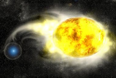 Wizja artystyczna żółtego nadolbrzyma w ciasnym układzie podwójnym z niebieską gwiazdą ciągu głównego.