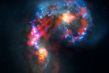  Galaktyki Anteny - kompozycja obrazów pochodzących z ALMA i teleskopu Hubble'a. Źródło: ALMA (ESO/NAOJ/NRAO). Visible light image: NASA/ESA Hubble Space Telescope 