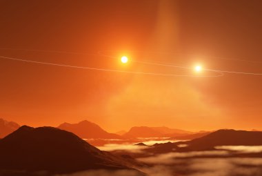 Na ilustracji wizja artystyczna podwójnego zachodu słońc na egzoplanecie podobnej do Tatooine, która powstała z dysku protoplanetarnego nie znajdującego się w płaszczyźnie orbity gwiazdowego układu podwójnego. Źródło: NRAO/AUI/NSF, S. Dagnello