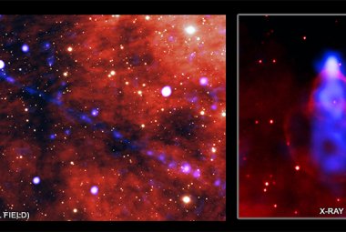 Zdjęcie włókna materii i antymaterii rozciągającego się od stosunkowo niedużego pulsara.