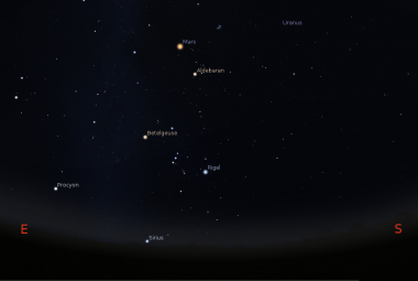 Niebo (S-E) nad Krakowem, 21 grudnia 2022 r., godz. 20:00. Źródło: Stellarium 