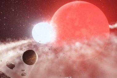 Wizja artystyczna planet niszczonych przez puchnącą gwiazdę.