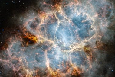 Na ilustracji: Zdjęcia Mgławicy Krab sfotografowane przez kamery NIRCam i MIRI (bliska / średnia podczerwień) współpracujące z Kosmicznym Teleskopem Jamesa Webba. Źródło: NASA, ESA, CSA, STScI, T. Temim (Princeton University)