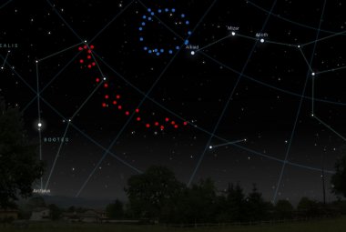 Wizja artystyczna, jak Wielki Pierścień (niebieskie kropki) i Gigantyczny Łuk (czerwone kropki) mógłby wyglądać na niebie (są obserwowalne tylko pośrednio w widmach kwazarów w liniach absorpcyjnych jonów magnezu Mg II). W tle obraz nocnego nieba wygenerowany przez Stellarium. Źródło: University of Central Lancashire