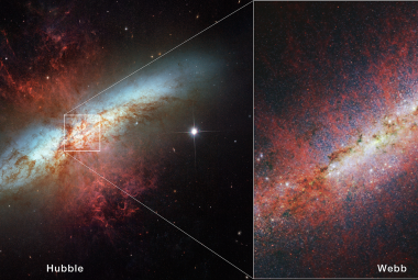 Galaktyka M82 (Galaktyka Cygaro) sfotografowana w 2006 roku w zakresie optycznym przez Teleskop Hubble’a (po lewej) oraz w 2024 roku przez Teleskop Webba w bliskiej podczerwieni (po prawej). Czerwone włókna widoczne na zdjęciu z Teleskopu Webba są emisjami wielopierścieniowych węglowodorów aromatycznych (PAH), które rozkładają się wzdłuż kierunku wiatru galaktycznego M82. Źródło: NASA, ESA, CSA, STScI, A. Bolatto (University of Maryland)
