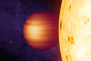 Wizja artystyczna gazowej egzoplanety CoRoT-2b z zachodnim gorącym punktem, na orbicie wokół gwiazdy macierzystej. Źródło: NASA/JPL-Caltech/T. Pyle (IPAC)