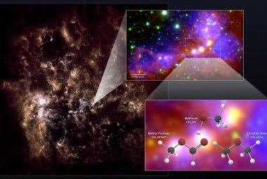 Po lewej obraz w dalekiej podczerwieni pokazuje całą galaktykę LMC. Obraz powiększenia pokazuje region gwiazdotwórczy obserwowany przez ALMA. Jest to połączenie danych średniej podczerwieni z danych ze Spitzera i danymi w świetle widzialnym (H-alfa) z czterometrowego teleskopu Blanco.