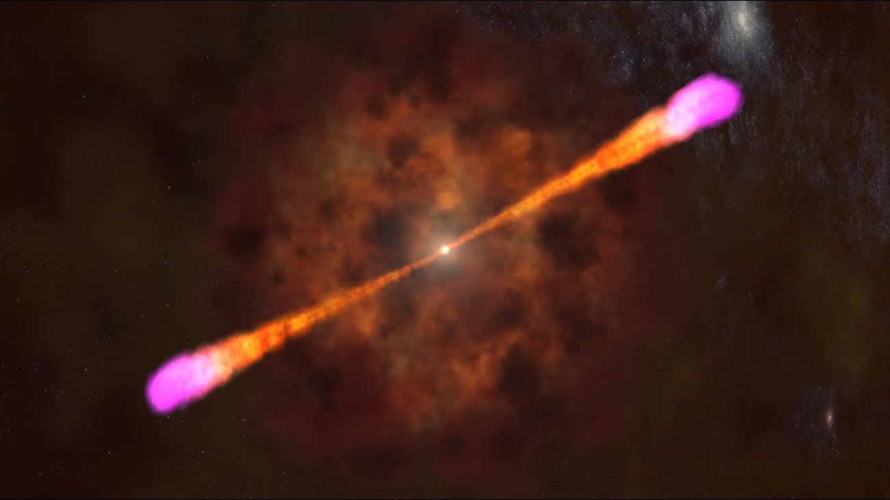 Wizja artystyczna strumienia cząstek przebijającego gwiazdę zapadającą się w czarną dziurę podczas typowego rozbłysku gamma (GRB).